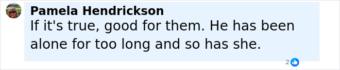 Comment mentioning Pamela Anderson dating Liam Neeson, discussing their rumored relationship and recent public appearance.