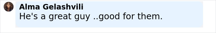 Text comment from Alma Gelashvili saying he's a great guy and good for them about Pamela Anderson dating Liam Neeson.