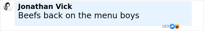 Comment from Jonathan Vick saying beefs back on the menu boys referencing scientists dropping cow 1629 meters deep into sea study
