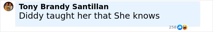 Comment by Tony Brandy Santillan on social media saying Diddy taught her, reacting to Jennifer Lopez's raunchy show criticized as cheap.