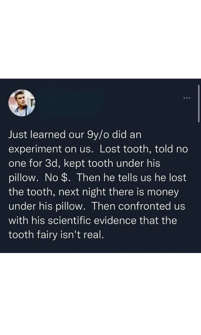 Tumblr post describing a 9-year-old's experiment about the tooth fairy with relatable and random family humor.