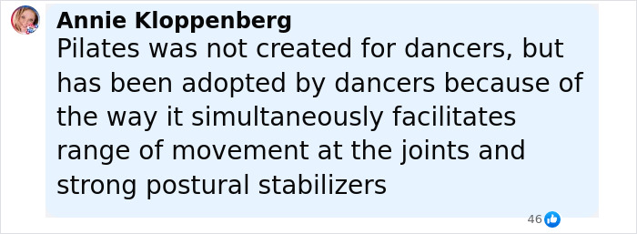 Comment by Annie Kloppenberg explaining Pilates supports joint movement and postural stabilizers in response to Gen Z influencer backlash.