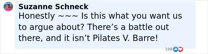 Comment by Suzanne Schneck expressing frustration about the debate on Pilates supporting the patriarchy.