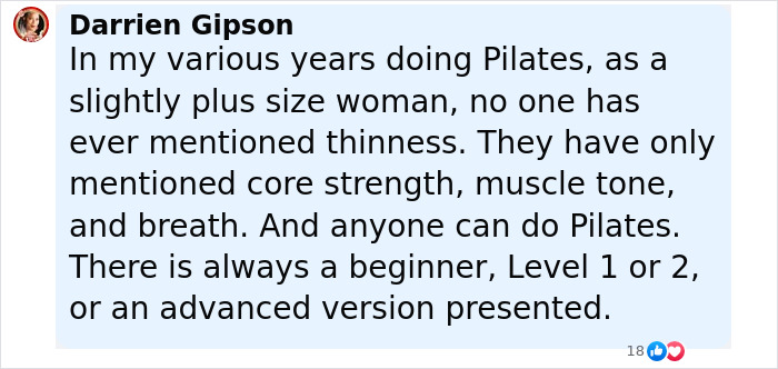 Comment from a user sharing their experience with Pilates, addressing body positivity and exercise levels.