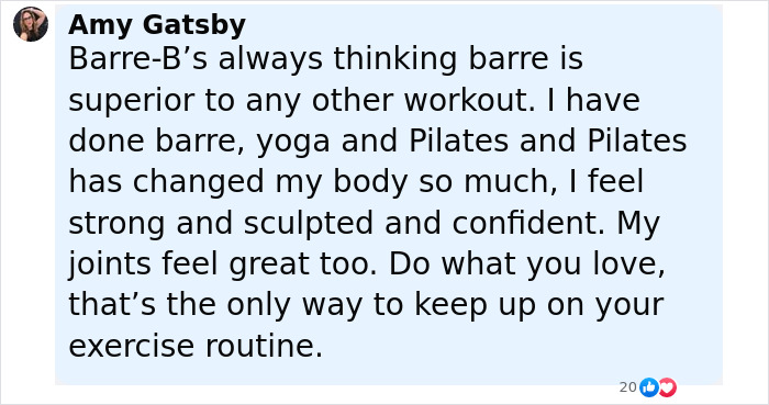 Screenshot of a social media comment defending Pilates, mentioning its benefits and addressing workout preferences amid Gen Z influencer backlash.