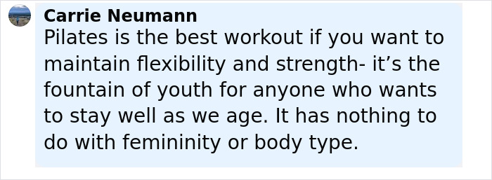 Text message from Carrie Neumann stating Pilates is the best workout for flexibility and strength, not linked to body type or femininity.