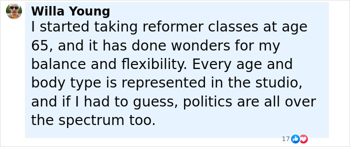 Comment from Willa Young discussing benefits of reformer Pilates classes for balance and flexibility, mentioning diverse body types and politics.