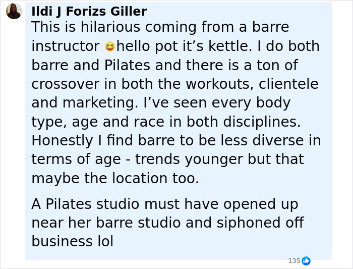 Comment responding to Gen Z influencer backlash on Pilates supporting patriarchy, discussing barre and Pilates diversity and business impact.
