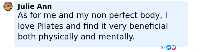 Comment from Julie Ann expressing love for Pilates and its physical and mental benefits, highlighting Gen Z influencer backlash context.