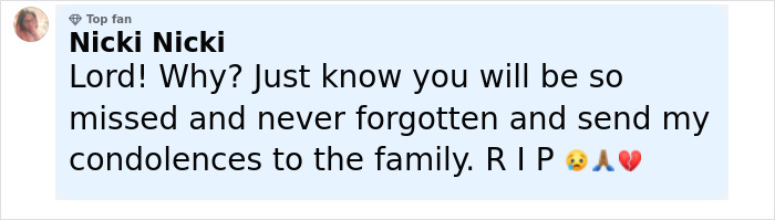 Comment expressing condolences and mourning for Malcolm-Jamal Warner, mentioning he will be missed and remembered.