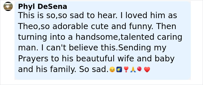 Comment expressing sadness and prayers following news about Malcolm-Jamal Warner amid public mourning.