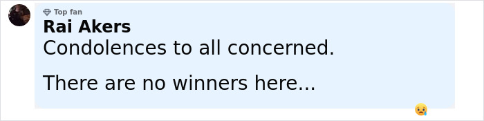 Comment by Rai Akers expressing condolences and stating there are no winners in the woman abducted from hospital case. Comment by Rai Akers expressing condolences and stating there are no winners in the woman abducted from hospital case.