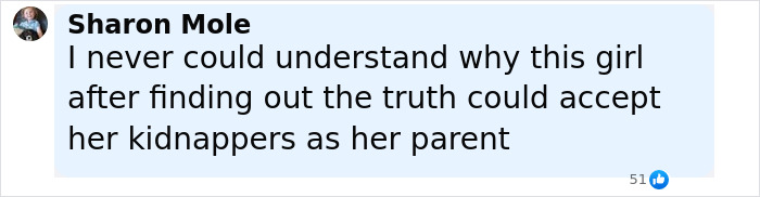 Comment from Sharon Mole about a woman abducted as a baby who still calls her kidnapper mom after 27 years. Comment from Sharon Mole about a woman abducted as a baby who still calls her kidnapper mom after 27 years.
