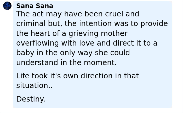 Comment discussing a grieving mother’s love and destiny after a woman abducted from hospital still calls kidnapper mom. Comment discussing a grieving mother’s love and destiny after a woman abducted from hospital still calls kidnapper mom.