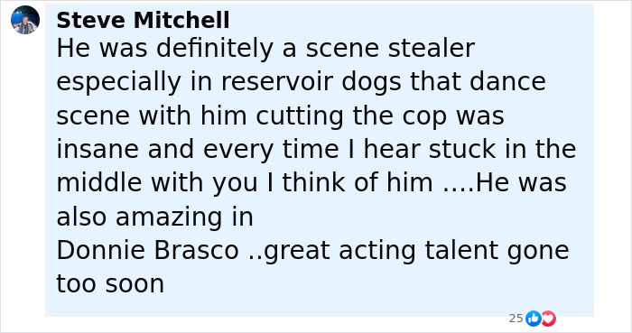 Facebook comment praising actor Michael Madsen's memorable roles and expressing sadness over his passing.