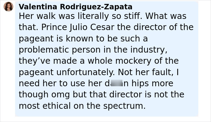 Alt text: Social media comment criticizing Miss Universe Cuba's walk and the controversial pageant director amid nepo baby debate.