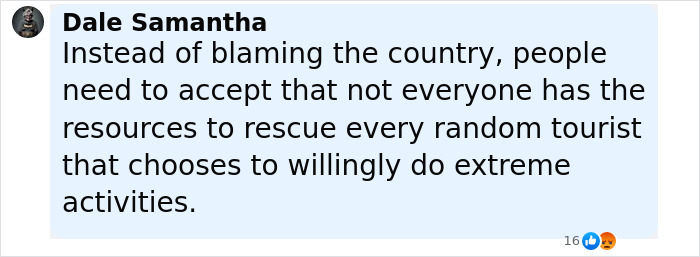 Comment by Dale Samantha about tourists taking extreme risks and rescue resource limitations during volcanic incidents.