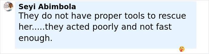 Comment by Seyi Abimbola expressing concern about the inadequate tools and slow response in rescuing a tourist who fell into a volcano.