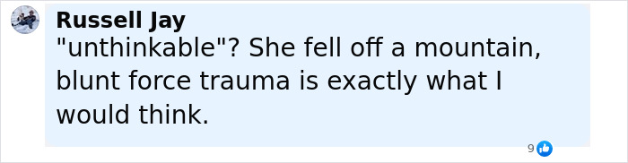 A social media comment by Russell Jay discussing blunt force trauma related to a tourist who fell into a volcano.