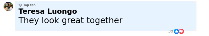 Comment by Teresa Luongo saying they look great together with a top fan badge and reaction icons below.