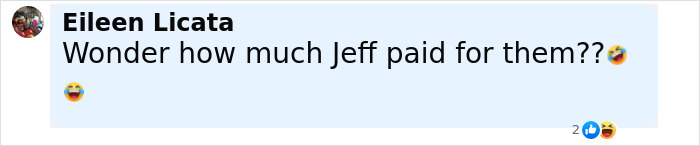 Comment by Eileen Licata asking how much Jeff paid for them, accompanied by laughing emojis and reactions.