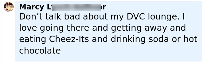 User comment about Disneyland DVC lounge expressing love for the space and enjoying snacks despite outdated attraction status.