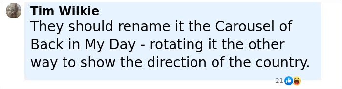Comment about the outdated Disneyland attraction, suggesting renaming the carousel to reflect its age and direction.