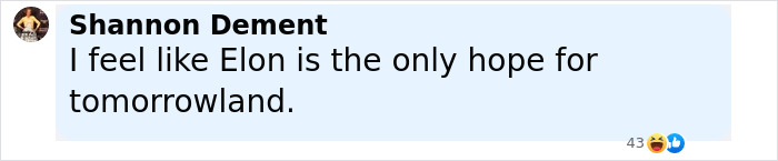 Comment saying Elon is the only hope for Tomorrowland, referencing an outdated Disneyland attraction debate.