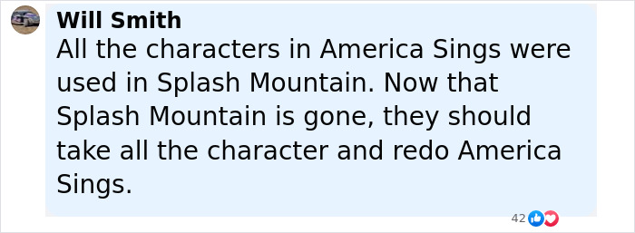 Comment from Will Smith about characters from America Sings used in Splash Mountain, suggesting a redo after Splash Mountain removal.