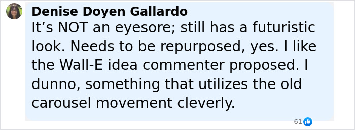 Commenter Denise Doyen Gallardo discussing the outdated Disneyland attraction and ideas for repurposing its carousel movement.