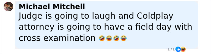 Comment by Michael Mitchell about Coldplay and a judge, related to disgraced CEO Andy Byron planning legal action.