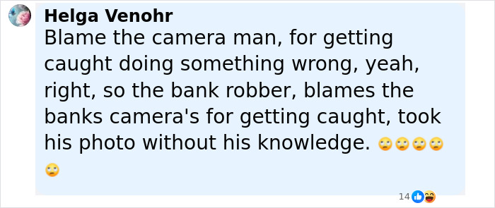 Comment about blame on camera man and bank robber with annoyed emojis, relating to disgraced CEO Andy Byron Kiss Cam.