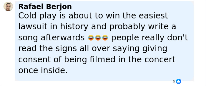 Comment discussing Coldplay&rsquo;s upcoming lawsuit victory amid disgraced CEO Andy Byron&rsquo;s kiss cam controversy.