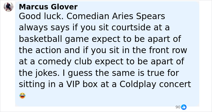 Comment by Marcus Glover referencing comedian Aries Spears and a VIP box at a Coldplay concert discussing kiss cam controversy.
