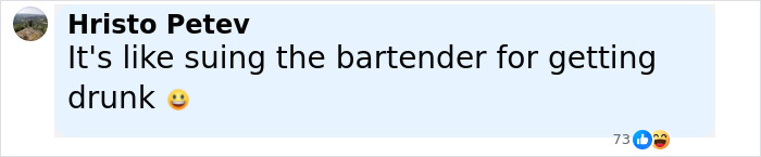 Comment by Hristo Petev humorously comparing suing Coldplay to suing a bartender, referencing disgraced CEO Andy Byron suing over Kiss Cam.