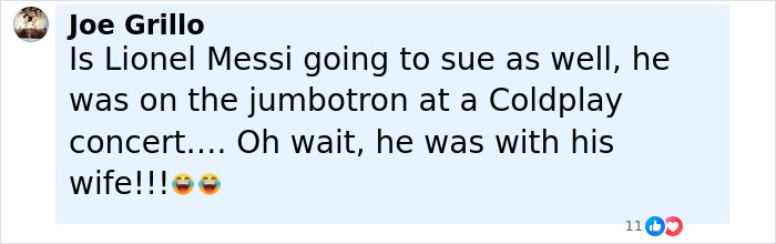 Comment by Joe Grillo discussing suing and referencing Coldplay and a jumbotron at a concert with emojis.