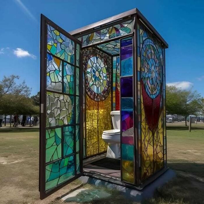 Outdoor stained glass toilet showcasing chaotic mix of trash and culture in a vibrant artistic installation under blue sky.