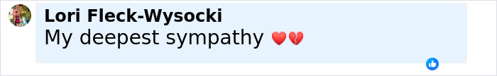 Facebook comment by Lori Fleck-Wysocki expressing deepest sympathy with two heart emojis.