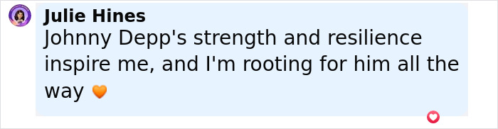 Social media comment praising Johnny Depp's strength and resilience amid Fantastic Beasts franchise controversy.