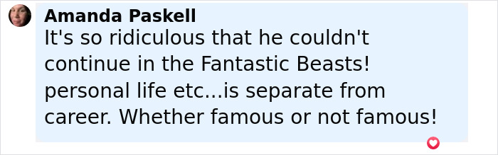 Comment from Amanda Paskell expressing frustration over Johnny Depp being replaced in the Fantastic Beasts franchise.