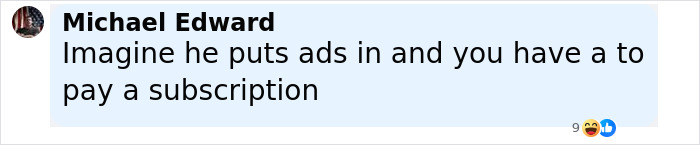 Comment by Michael Edward about ads and subscription fees in a social media post about Neuralink brain chip.