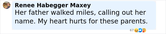 Comment about a father walking miles calling out his daughter's name, expressing sympathy for flood victim's fear and parents' pain.
