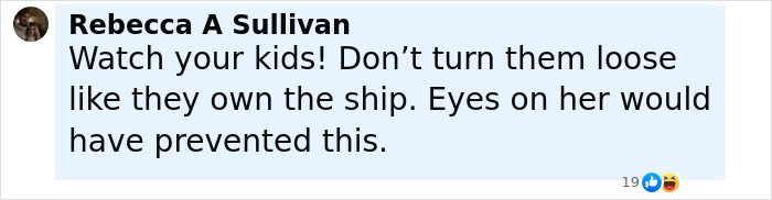 Comment from Rebecca A Sullivan warning parents to watch their kids closely to prevent accidents like falling off a cruise ship.