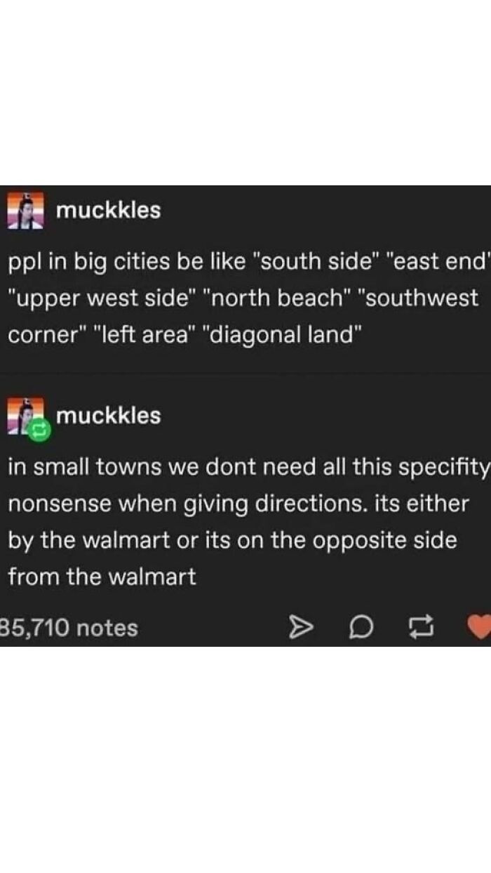 Tumblr post humorously comparing detailed city directions to simple small town directions, relatable and random Tumblr content.