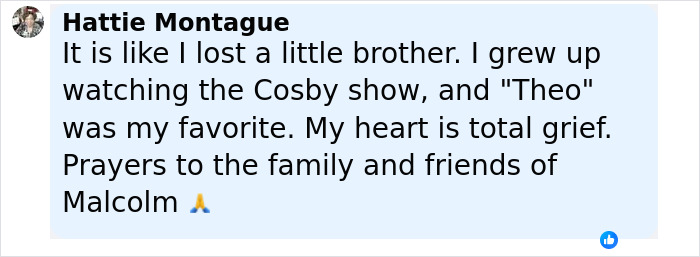 Comment expressing grief over Malcolm-Jamal Warner, remembering him as a favorite on the Cosby Show. - 9