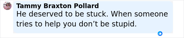 Comment from Tammy Braxton Pollard stating someone deserved to be stuck after ignoring sinkhole warning due to color bias.