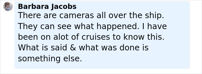 Comment by Barbara Jacobs discussing ship cameras and cruise safety amid viral rumor about dad saving daughter off cruise ship.