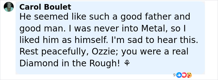 Comment expressing sadness over Ozzy's passing, highlighting Black Sabbath's emotional tribute to the metal legend.