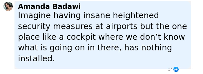 Comment expressing concern about lack of security measures in the cockpit despite heightened airport security, related to Air India pilot.