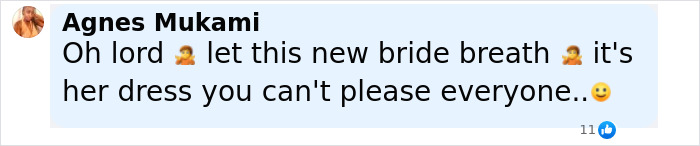 Comment expressing a humorous take on a new bride's dress and reactions related to Sarah Jessica Parker's awkward reaction to Lauren S&aacute;nchez's Vogue cover.